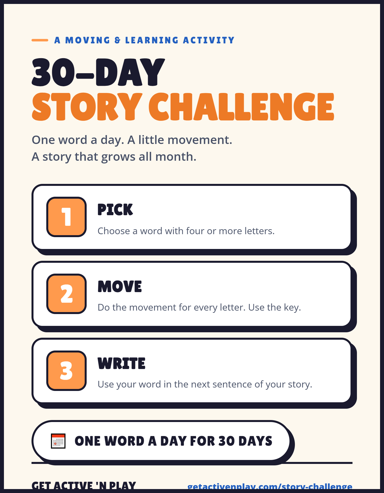 Preview of the GANP 30-Day poster with Pick, Move and Write instructions